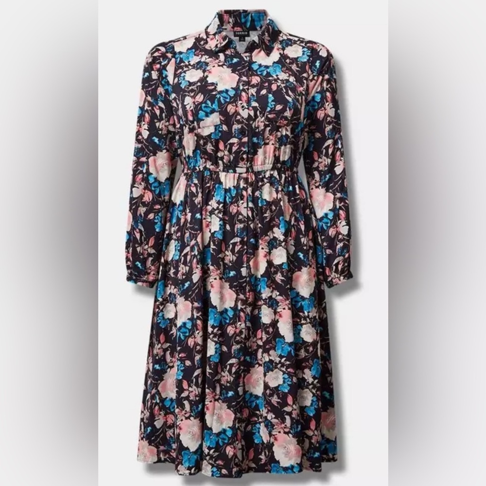 Torrid 3 Midi Crepe De Chine Long Sleeve Button Front Shirt Dress - Like New!